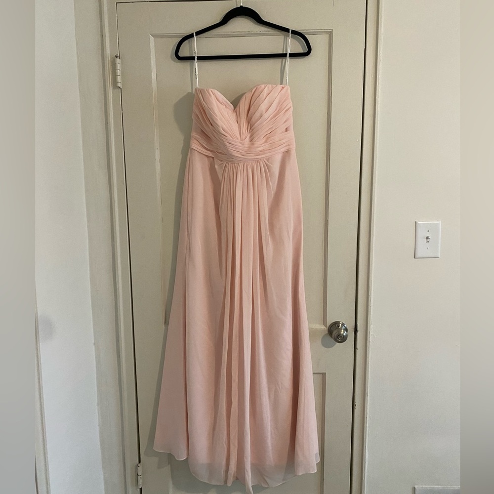 David’s Bridal strapless pale pink bridesmaid dress